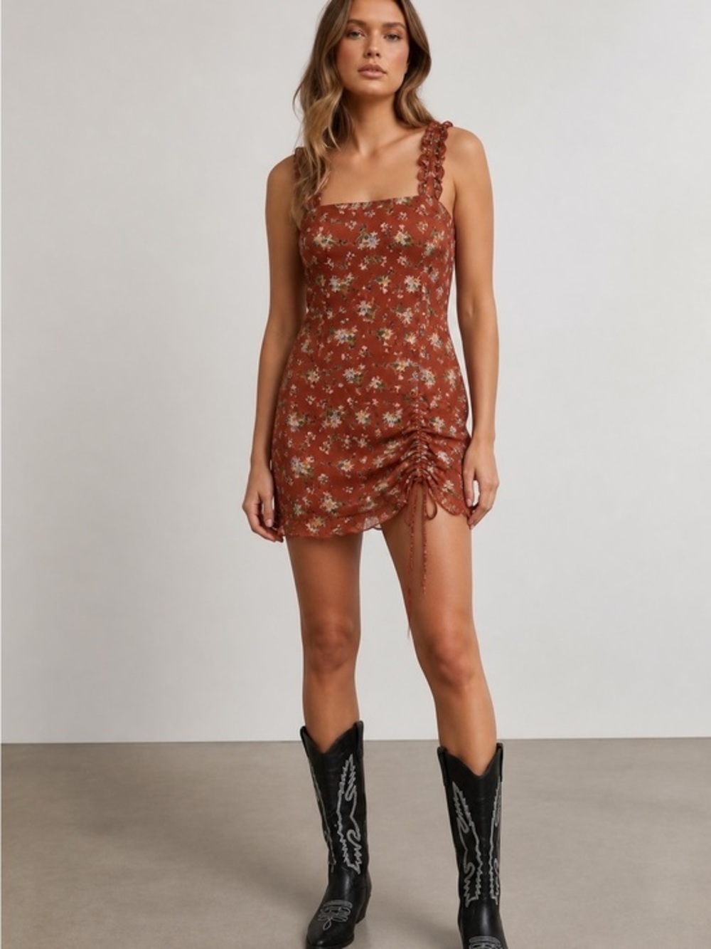 Red Dress Boutique Rust Floral Lace-strap Mini Dress